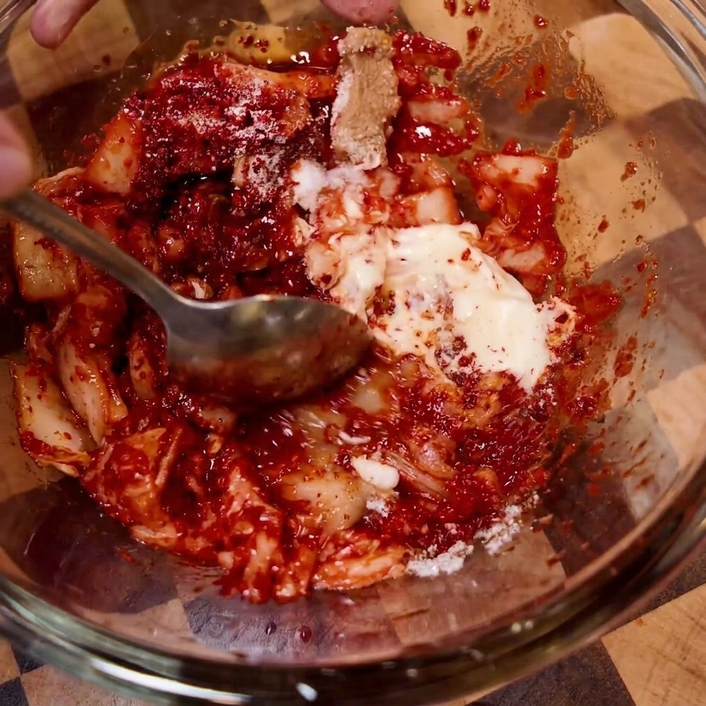 Le mélange de kimchi et dassaisonnements mélangé dans un bol en verre.