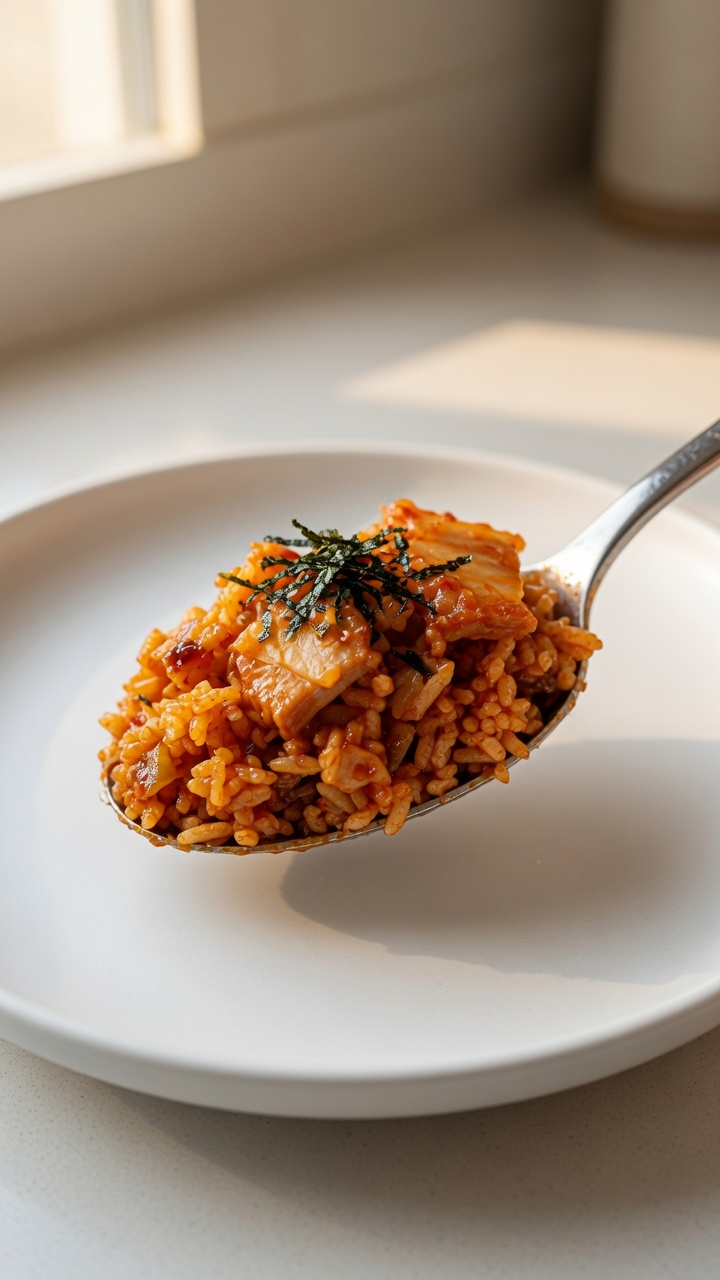 Une bouchée savoureuse de riz sauté au kimchi, mettant en valeur un riz brillant, de la poitrine de porc tendre et des morceaux dalgues savoureux.