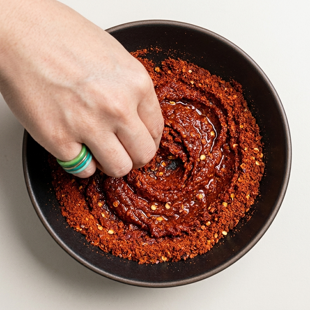 Flocons de piment rouge incorporés dans une pâte de riz gluant épaisse et refroidie à laide dune main gantée.