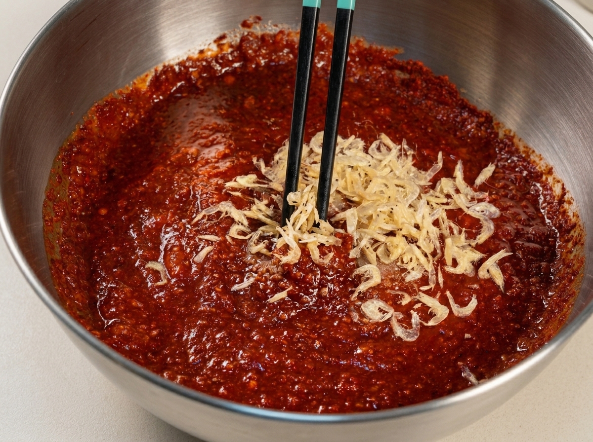 Crevettes séchées et assaisonnements incorporés dans une riche pâte de piment rouge pour kimchi à laide de baguettes.
