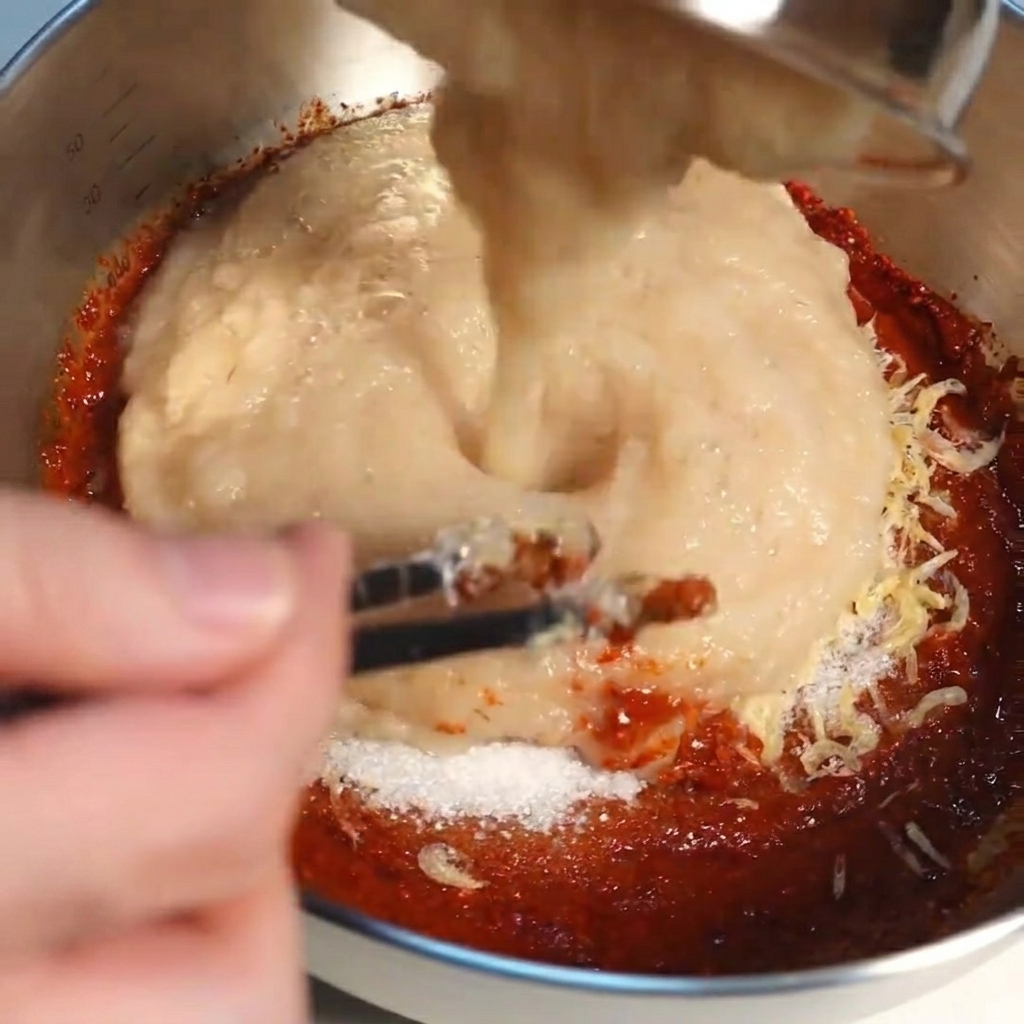 Une purée de fruits et légumes lisse et claire versée dans un grand bol de pâte épicée au piment rouge pour kimchi.