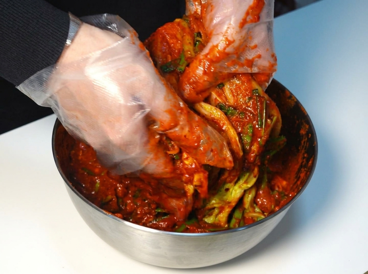 Mains gantées étalant uniformément une épaisse pâte de piment rouge pour kimchi sur chaque couche dune tête de chou chinois.