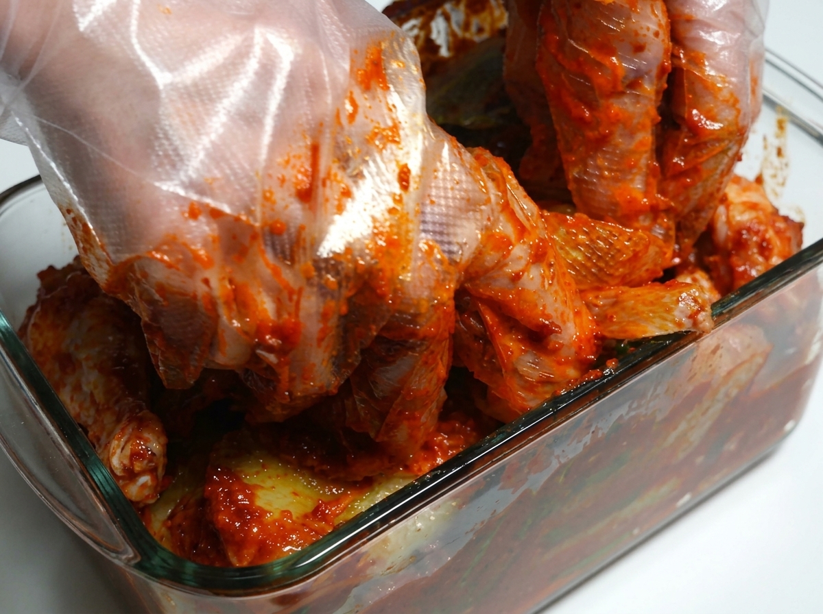 Chou chinois recouvert dune pâte de piment rouge épicée emballé dans un récipient en verre.