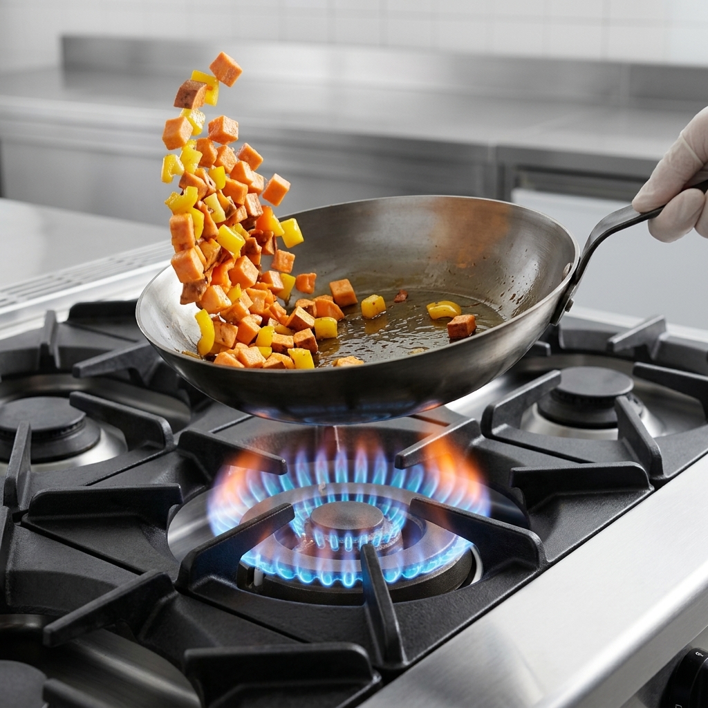 Sauce secrète versée sur le mélange dans la poêle.