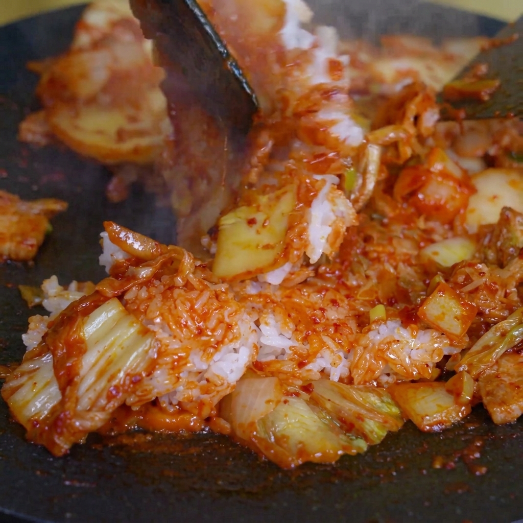 Gros plan du riz et du kimchi mélangés dans la poêle avec deux spatules.