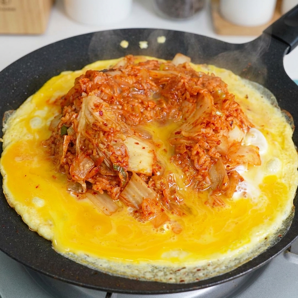 Une spatule mélangeant le riz sauté au kimchi et les œufs brouillés dans une poêle.