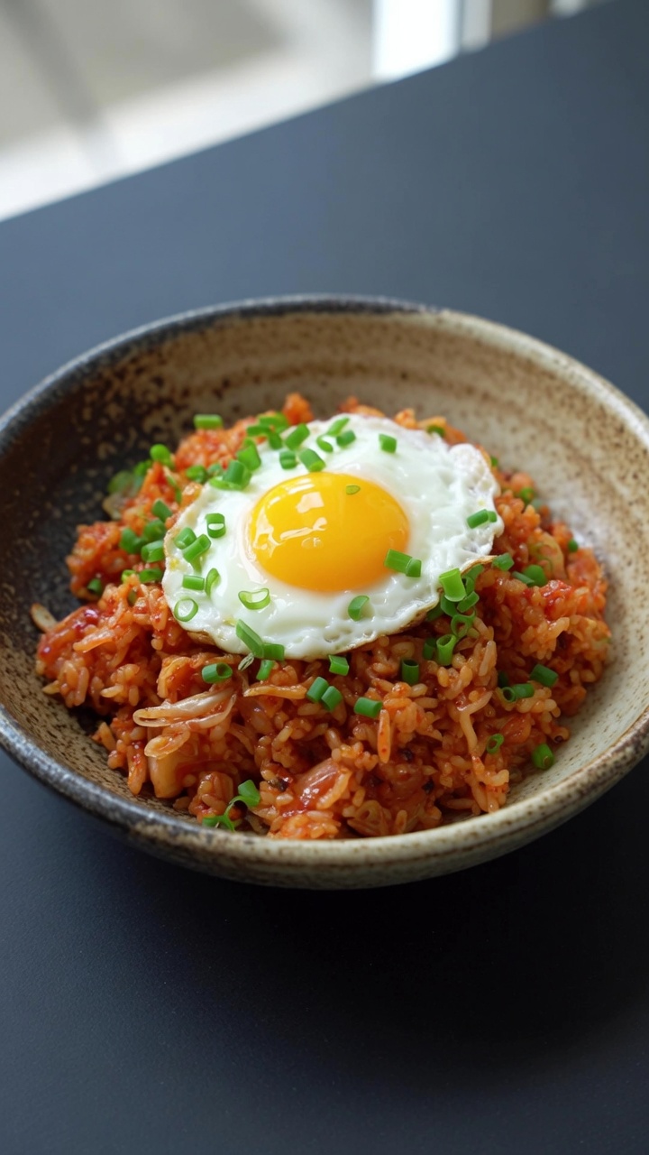 Un bol de riz sauté au kimchi servi dans une vaisselle rustique, surmonté dun œuf au plat et doignons verts ciselés.