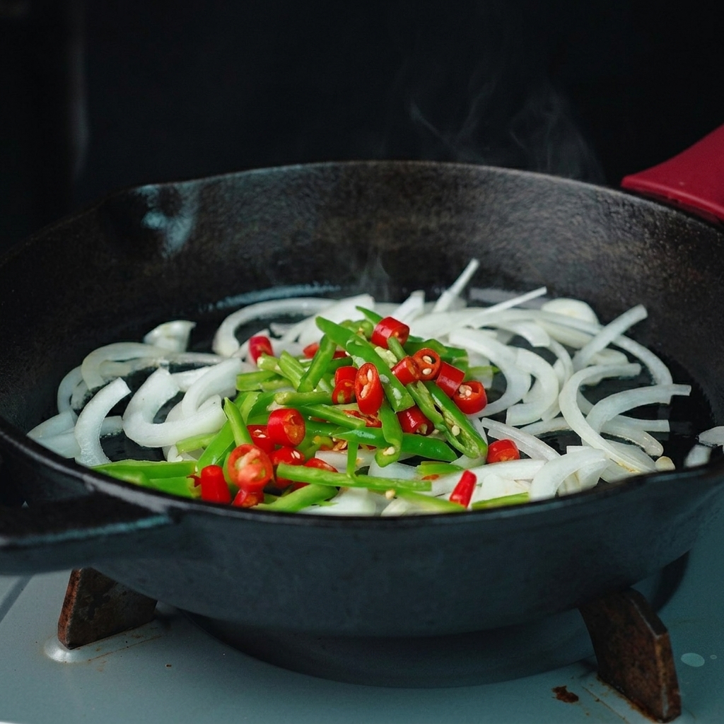 Des lanières de poivron vert et de petits piments rouges sautant avec les oignons dans la poêle.