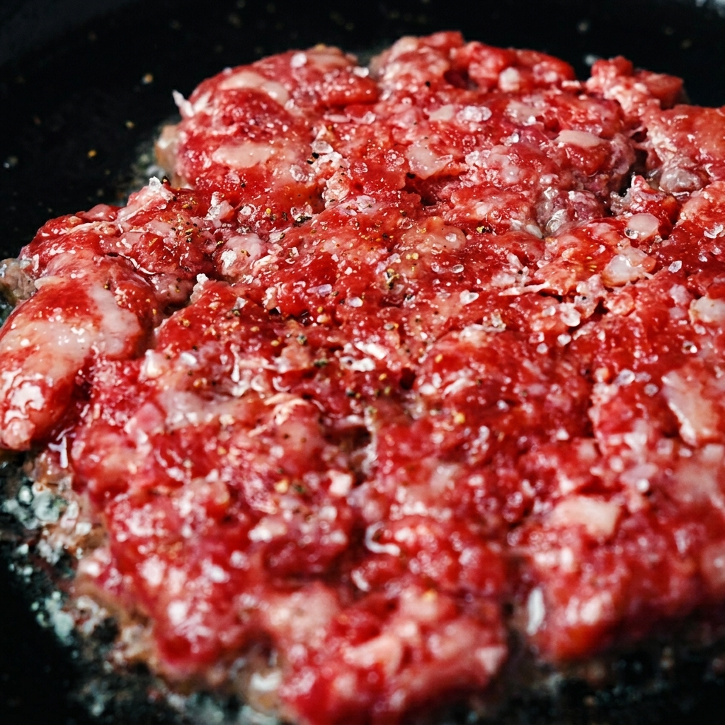 Un steak de bœuf haché cru et assaisonné crépitant dans une poêle en fonte très chaude.