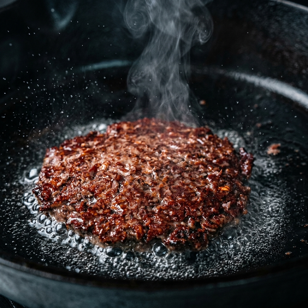 Une tranche de fromage parfaitement fondue recouvrant un steak haché bien doré dans une poêle.