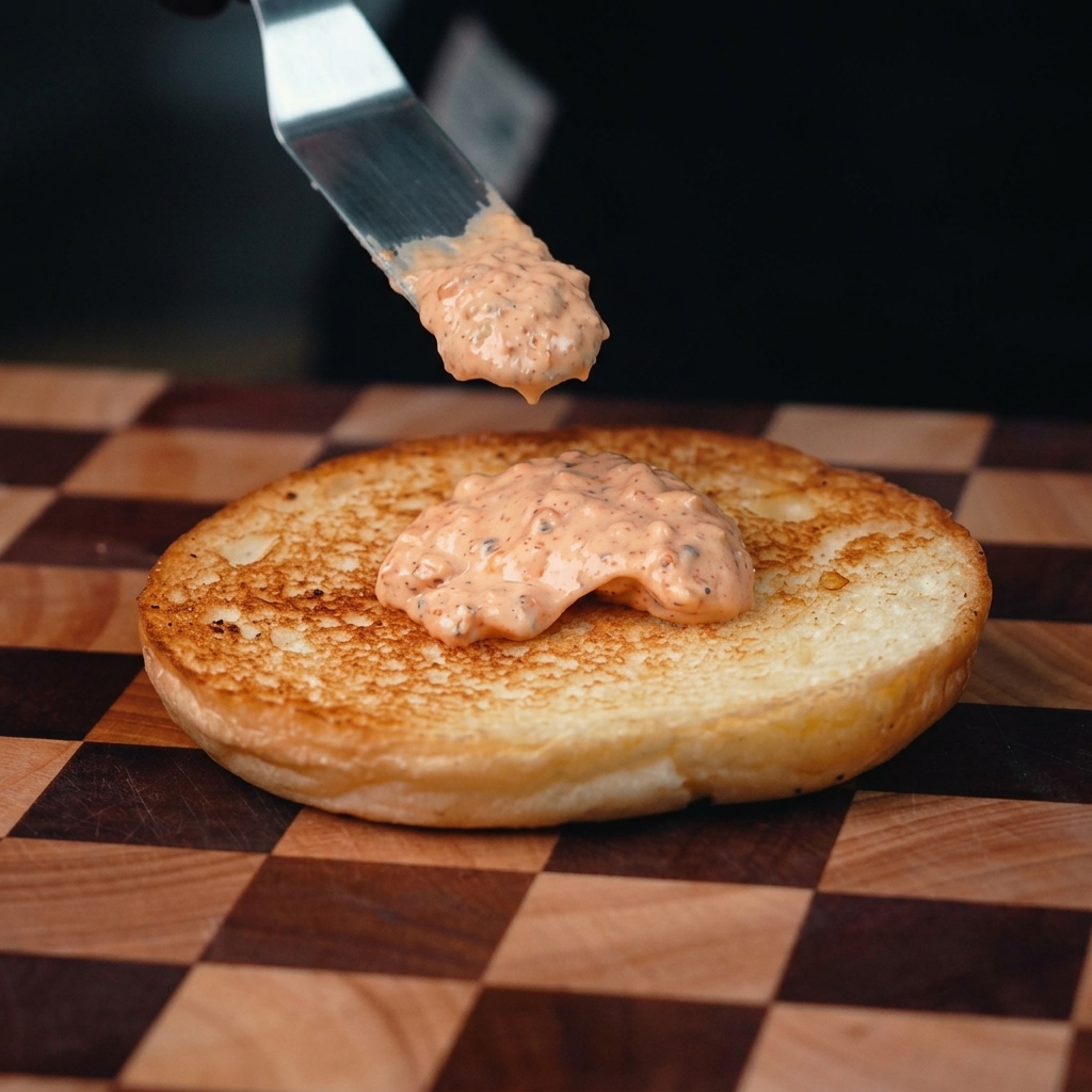 La base dun pain à burger toasté garnie de sauce piquante et dune purée davocat onctueuse.