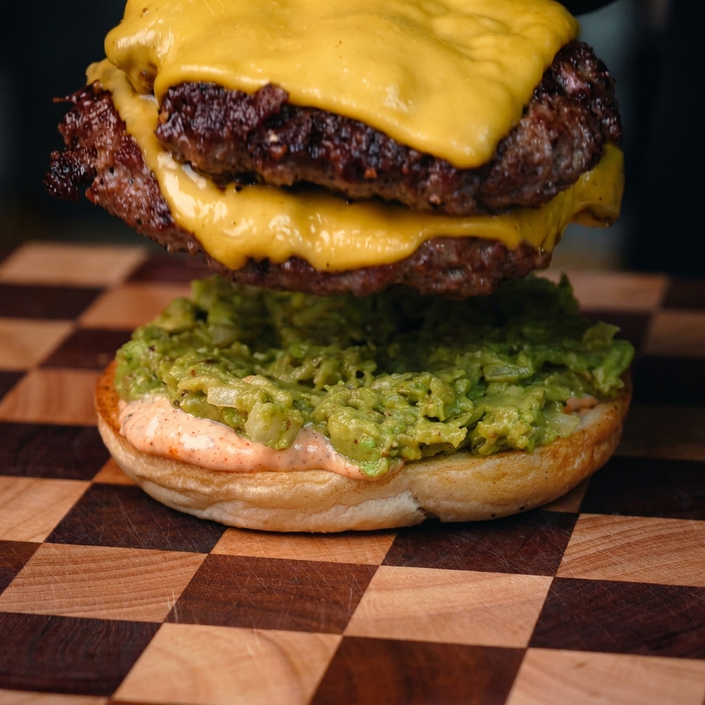 Un double steak avec du cheddar fondu empilé sur un pain tartiné davocat.