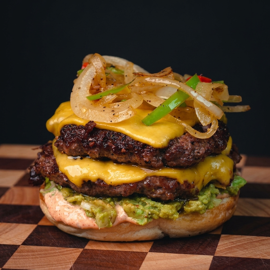 Le pain supérieur déposé sur un double cheeseburger entièrement monté avec des oignons et poivrons sautés.