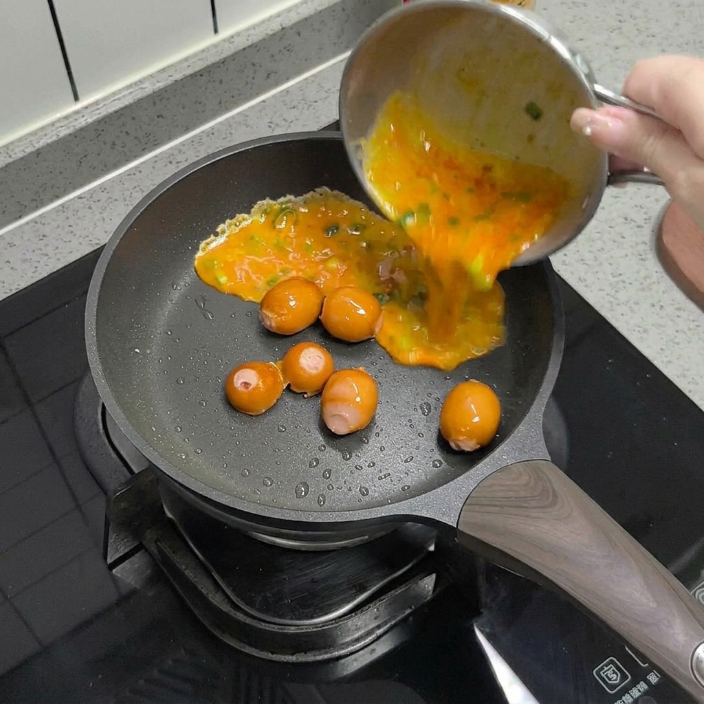 Lœuf battu épicé versé depuis le petit bol dans la poêle contenant les morceaux de saucisses grillées.