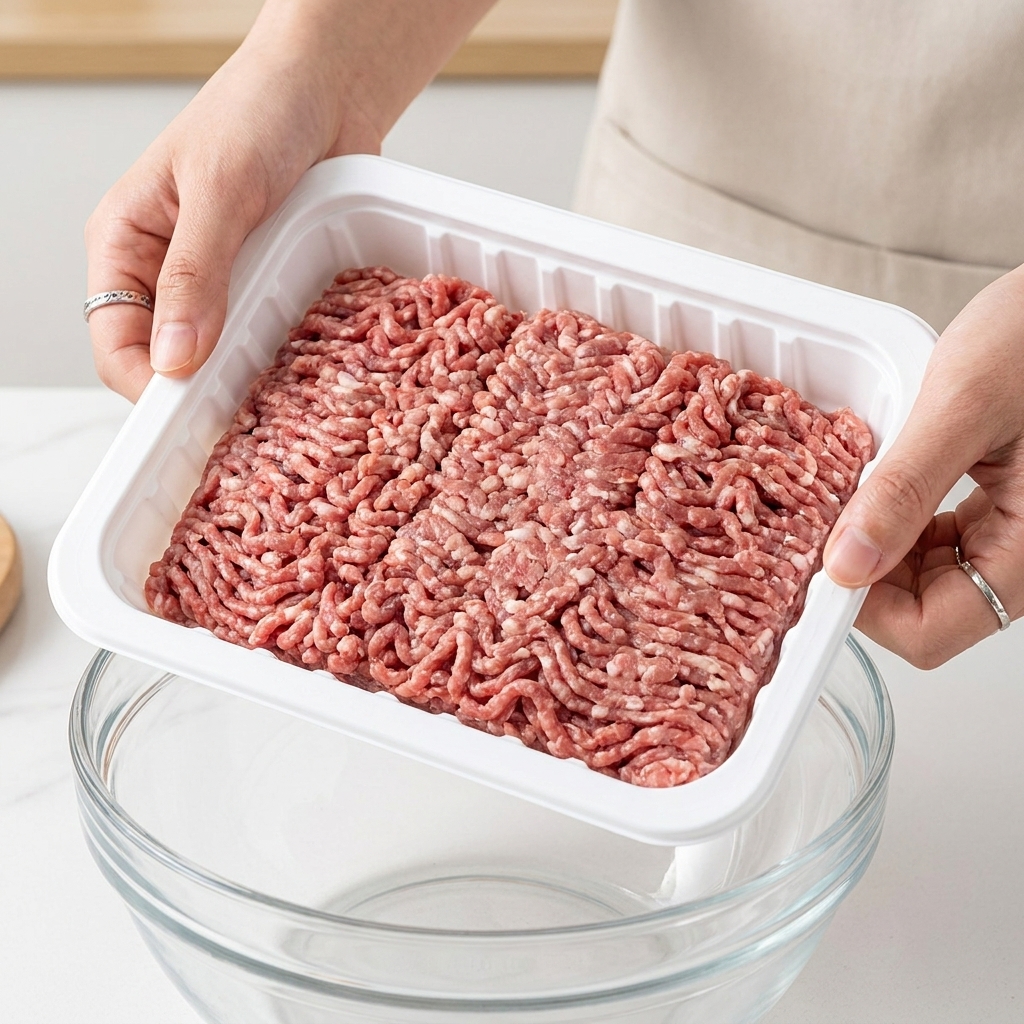 Une personne ajoutant un plateau de viande hachée mélangée dans un grand bol en verre.