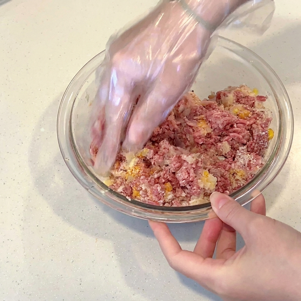 Une main gantée pétrissant et mélangeant la viande hachée avec les assaisonnements dans un bol en verre.