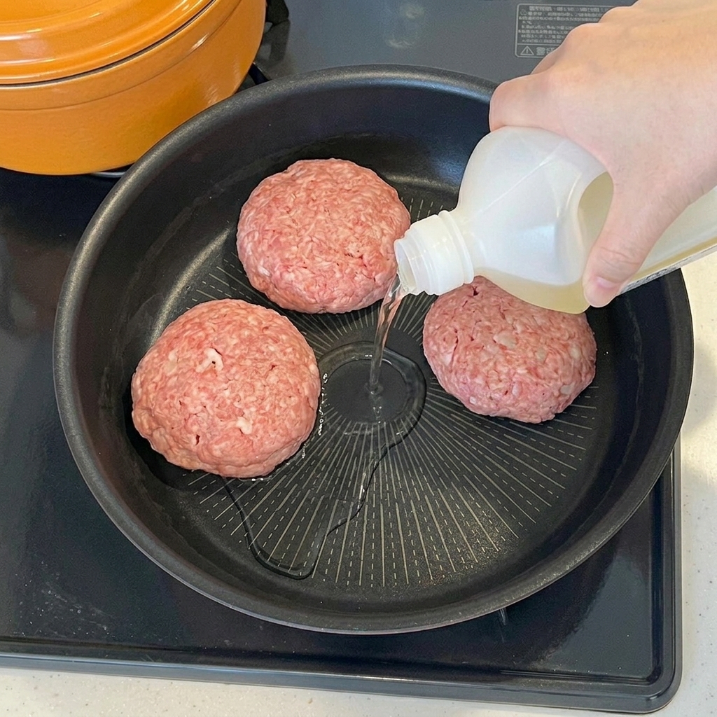 De lhuile de cuisson versée depuis une bouteille dans une poêle contenant des steaks hachés crus.