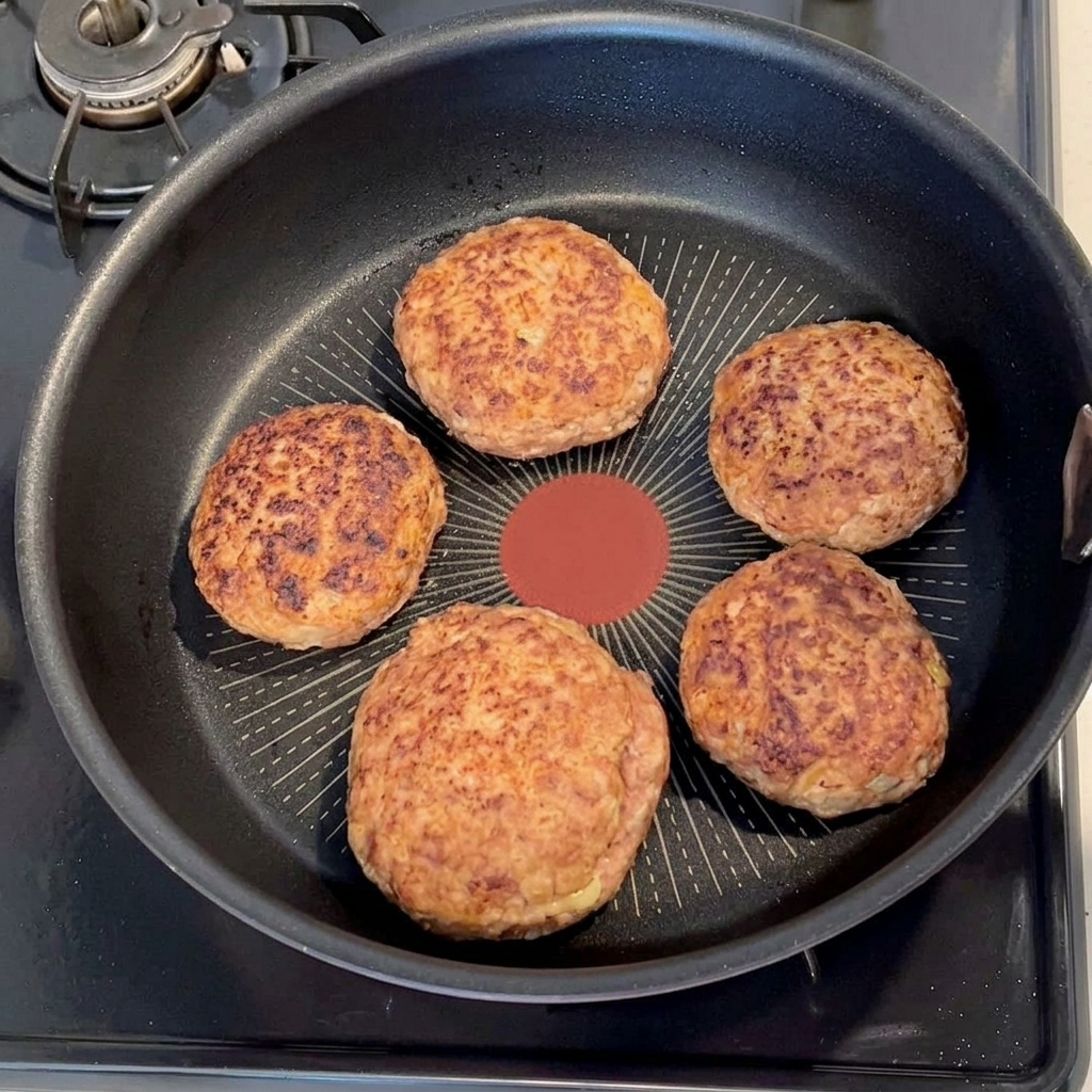De leau versée dans une poêle avec des steaks hachés dorés.