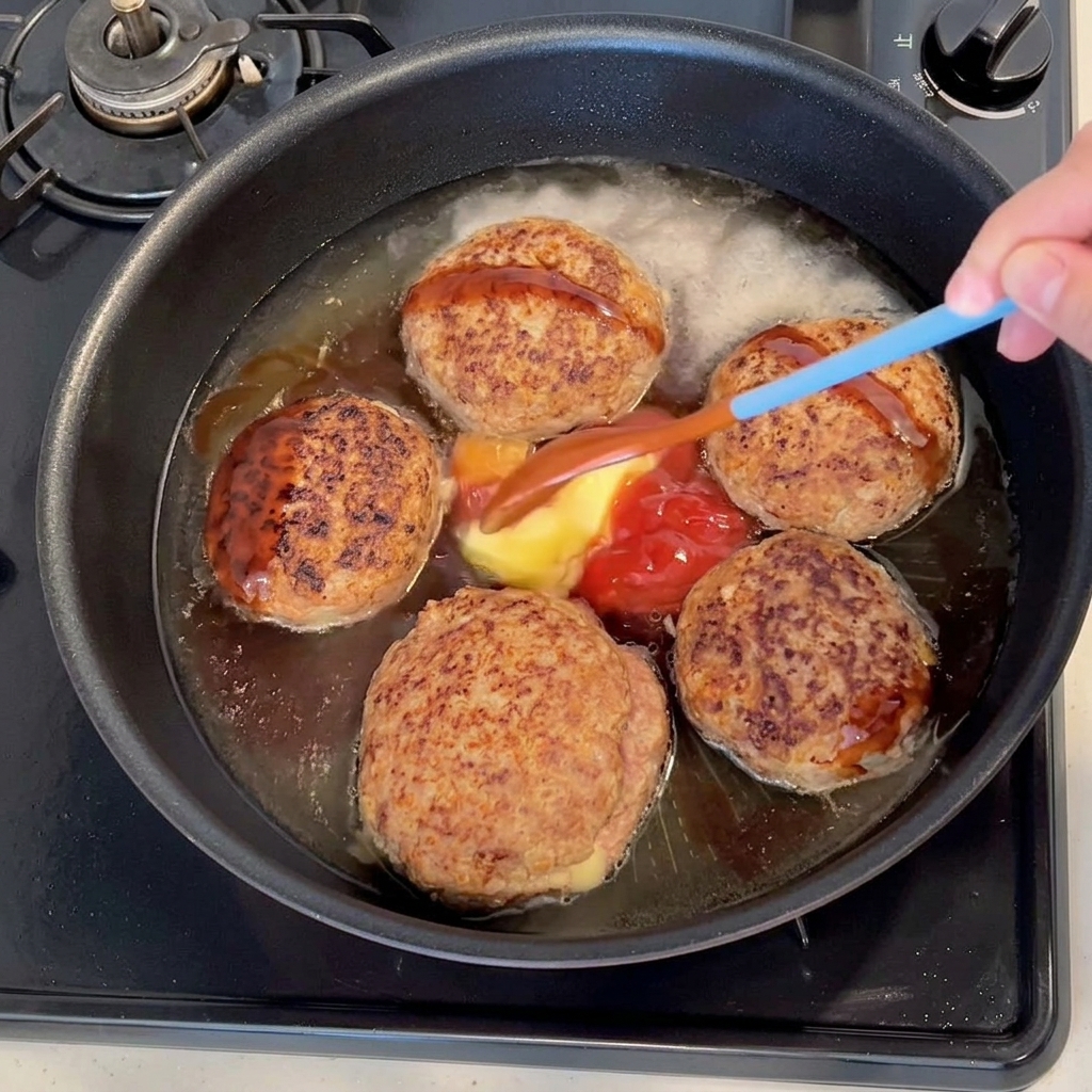 Sauce tonkatsu, ketchup, beurre et assaisonnements ajoutés dans la poêle avec les steaks hachés.