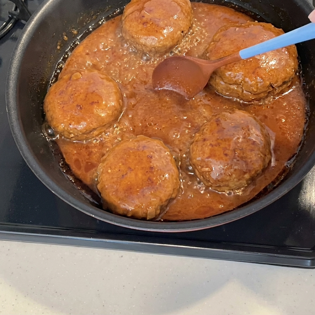 Une sauce épaisse et brillante bouillonnant dans une poêle avec des steaks hachés, en cours de réduction.