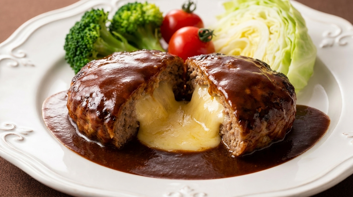 Un steak haché juteux farci au fromage, nappé dune riche sauce façon demi-glace.