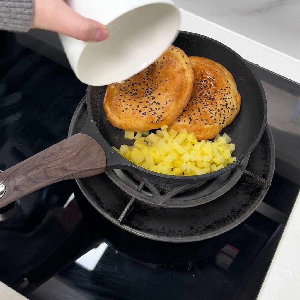 De leau est versée dans la poêle contenant les pommes de terre et les buns.