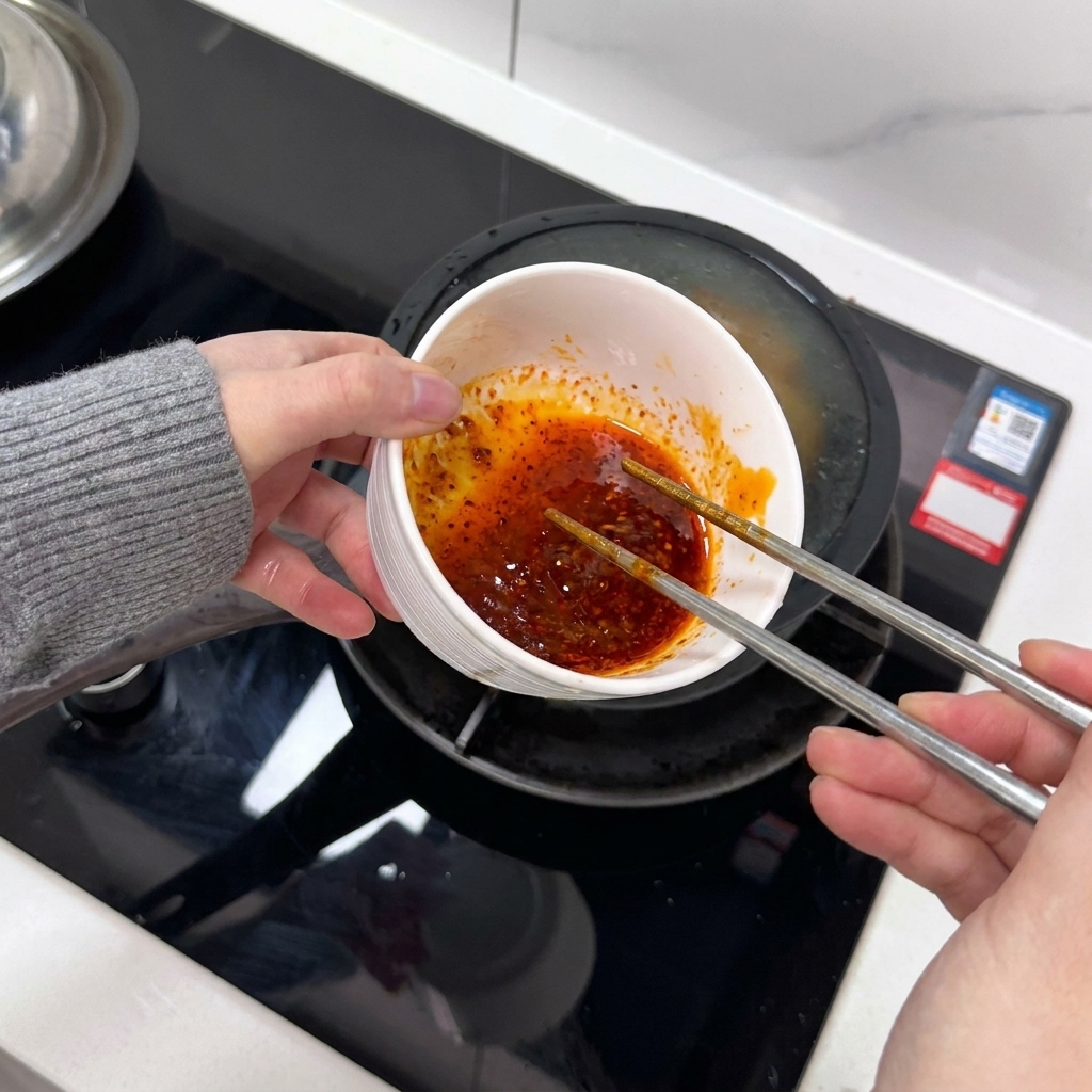 Une main fouette les œufs et la sauce pimentée avec des baguettes dans un bol.
