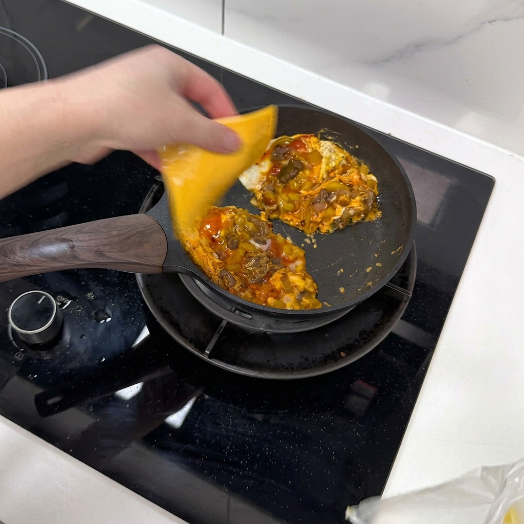 Deux tranches de cheddar jaune posées sur les deux moitiés domelette.