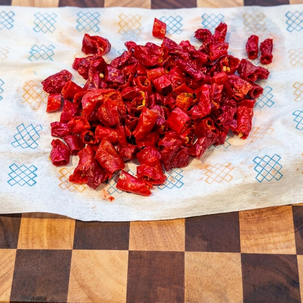 Écorces de piment rouge ramollies finement hachées sur une planche à découper en bois.