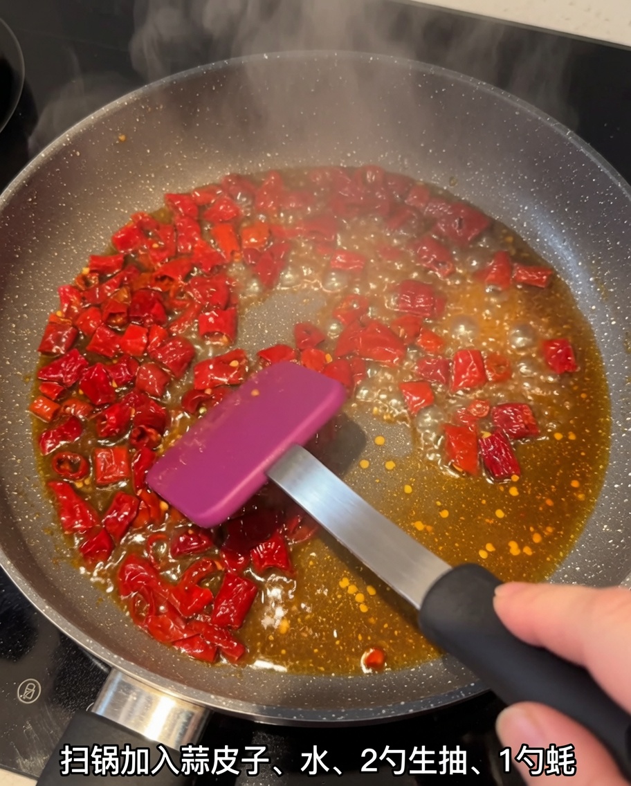Écorces de piment hachées mijotant dans une poêle avec un mélange à base de sauce soja.
