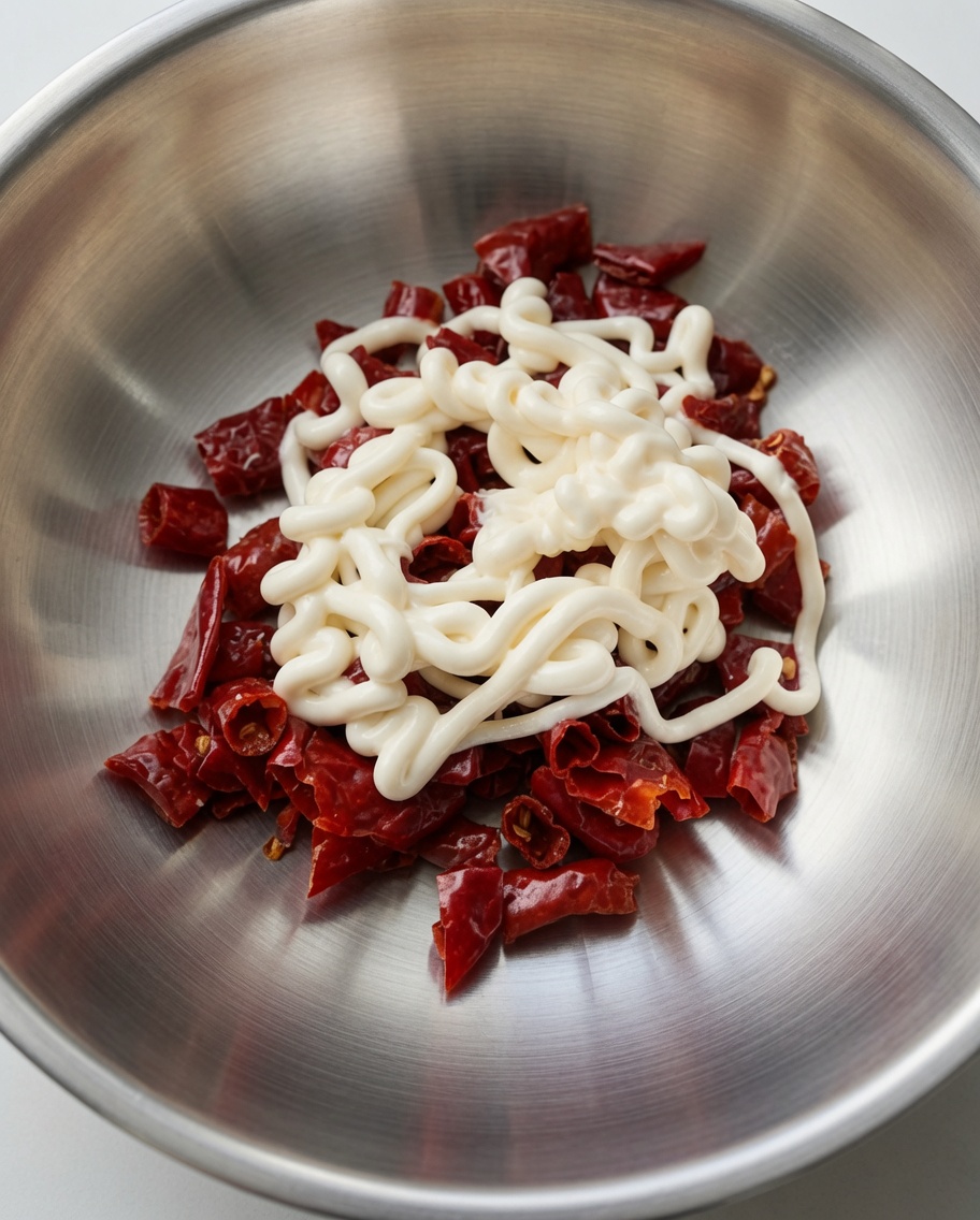 Écorces de piment cuites recouvertes de mayonnaise dans un saladier en inox.