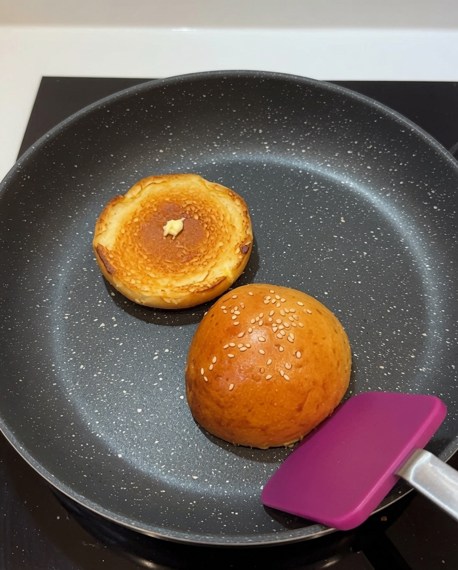 Moitiés de pain à burger dorant à la poêle avec du beurre fondu.