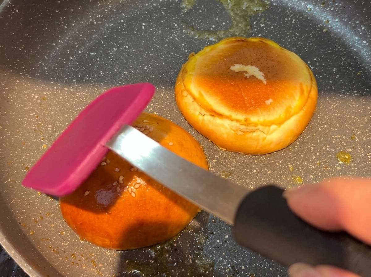 Un steak de bœuf juteux saisissant dans une poêle brûlante, développant une belle croûte brune.