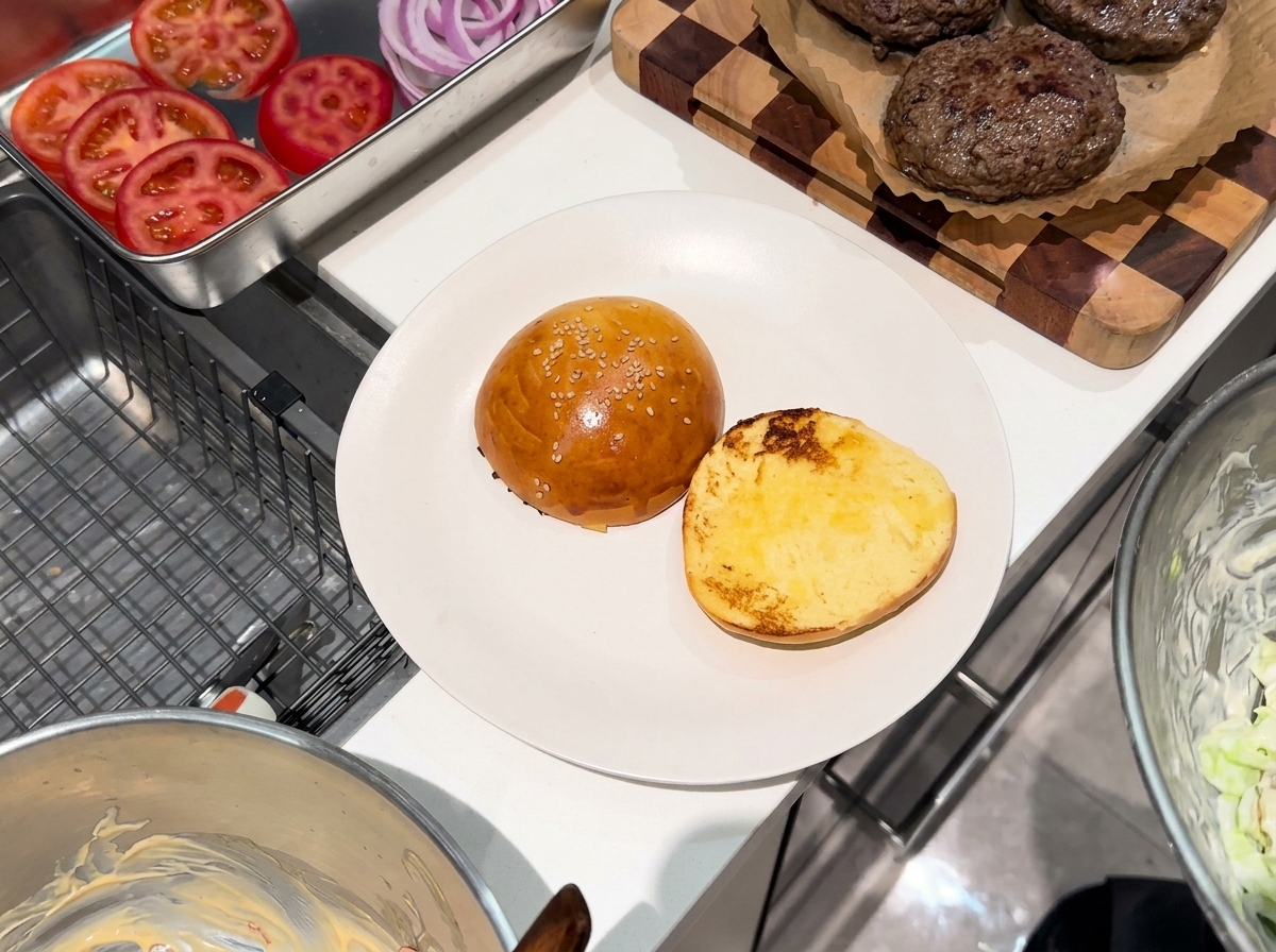 Un burger parfaitement monté sur une assiette, composé de laitue, steak, tomates et sauce épicée.