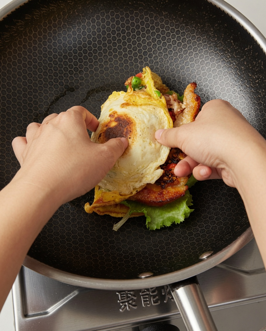 Le burger plié en deux, prêt à être dégusté.