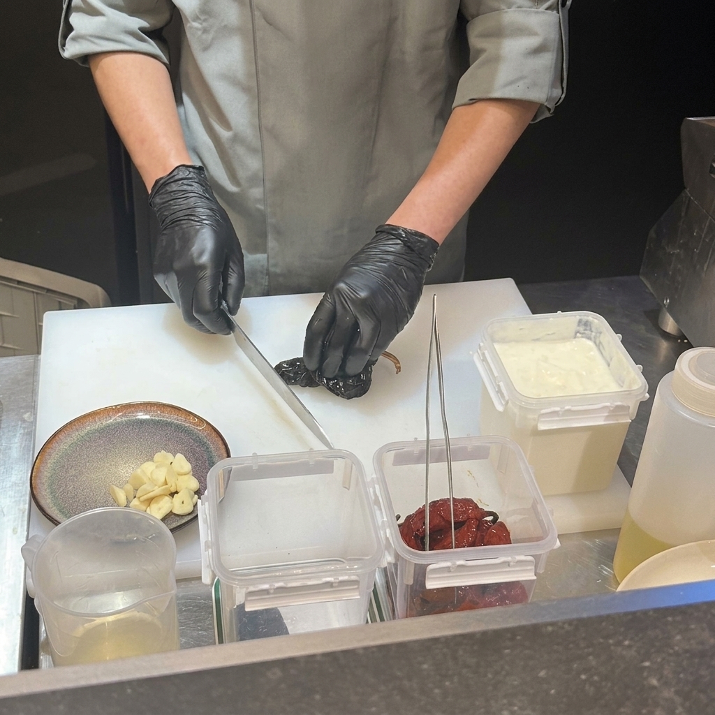 Gousses de piment séchées découpées sur une planche à découper blanche.