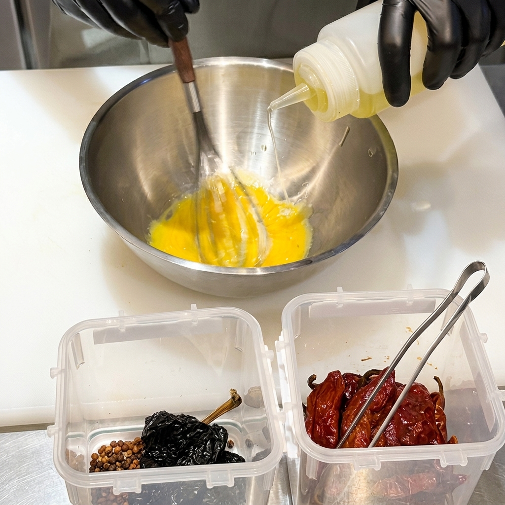 Fouettage des jaunes dœufs en versant de lhuile pour créer une mayonnaise.