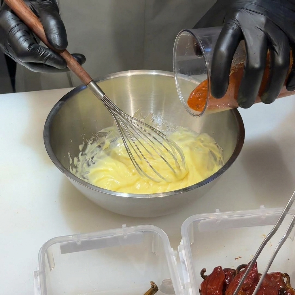 Sauce pimentée incorporée à une base de mayonnaise crémeuse.