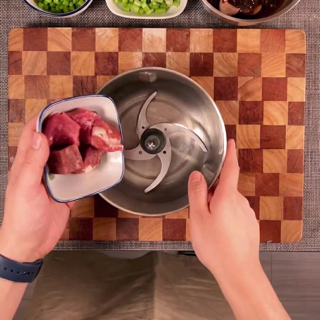 Morceaux de bœuf, porc, oignon et poivron vert dans le bol dun hachoir.