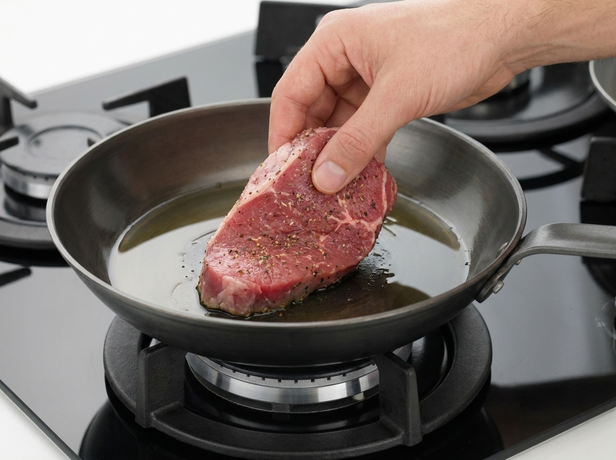 Un steak cru assaisonné placé dans une poêle chaude huilée.