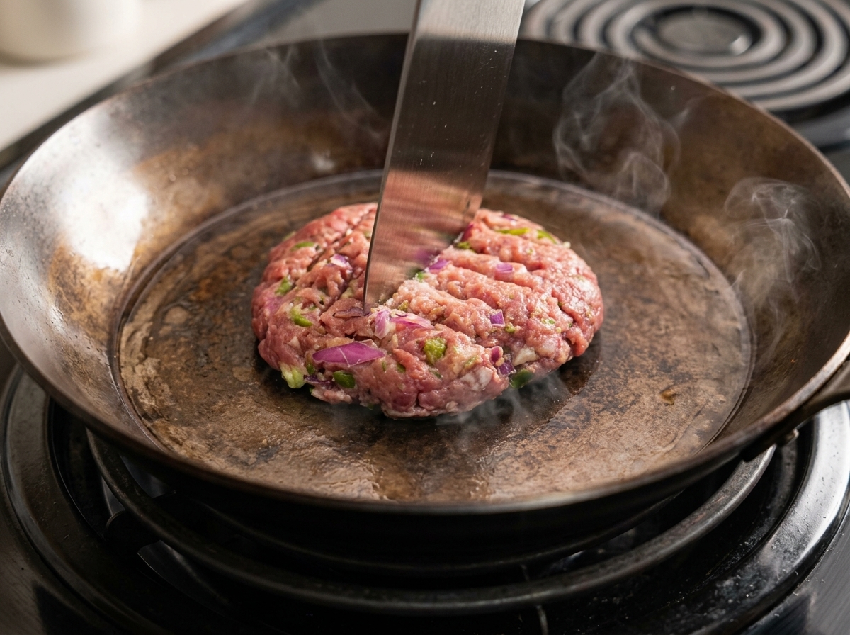 Une spatule en métal marquant un motif en grille sur la surface du steak en cuisson.