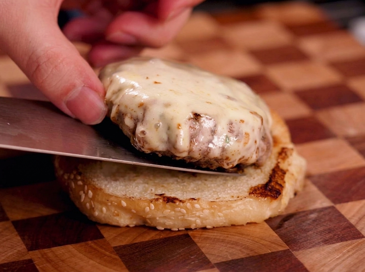 Une spatule transférant le steak au fromage sur la base dun pain aux graines de sésame.