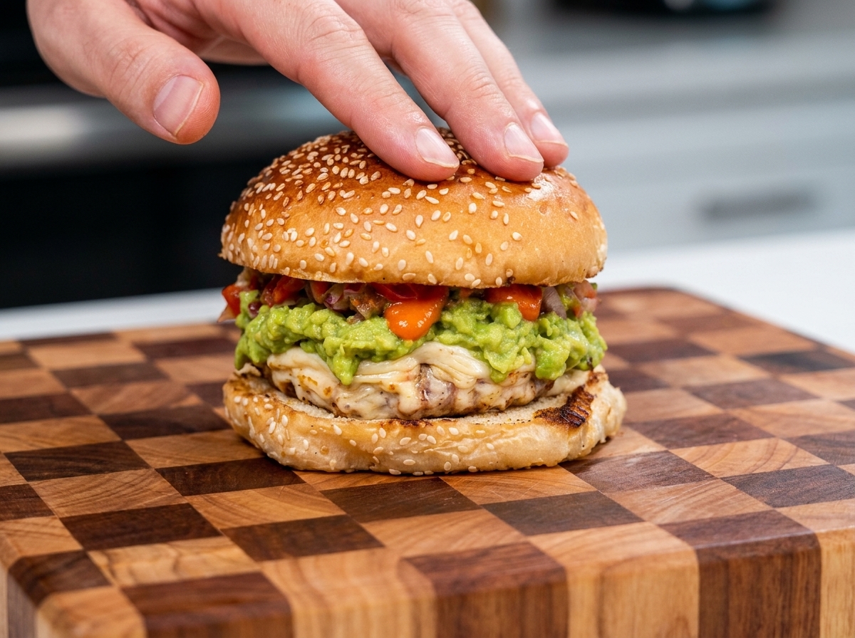Main plaçant le dessus du pain à sésame sur le burger garni.
