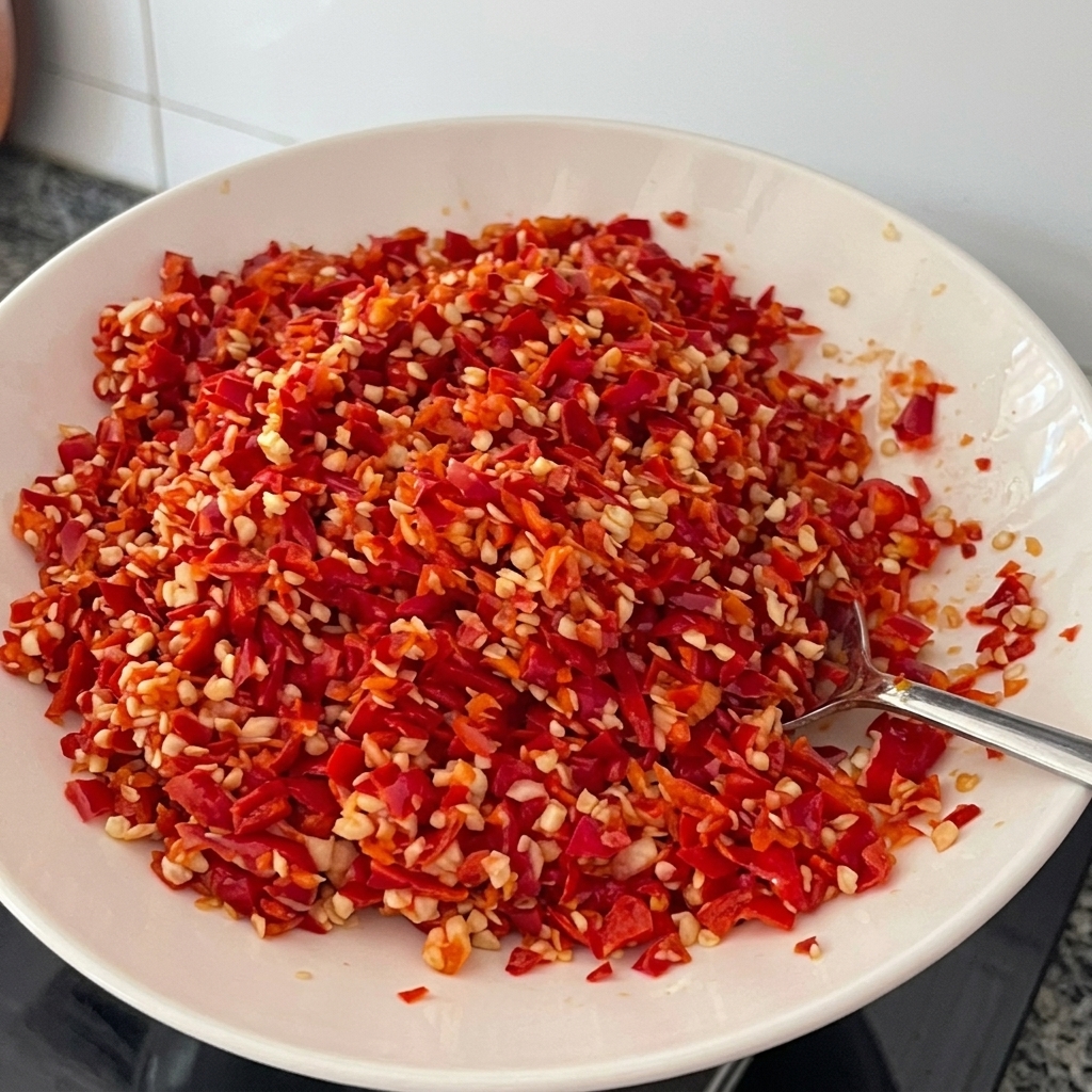 Piments oiseaux rouges hachés et ail haché combinés dans le beurre fondu.