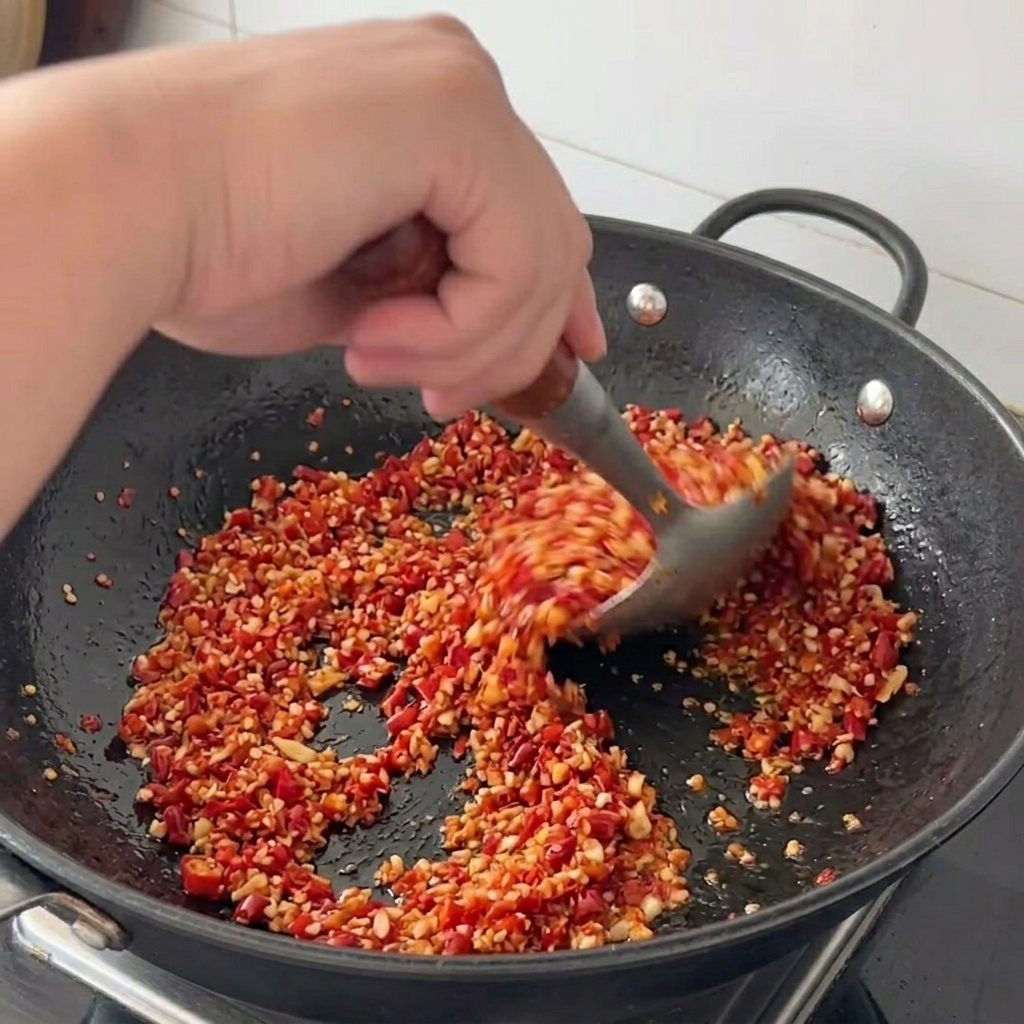 Mélange de piment et dail sauté dans le wok avec une grande spatule en métal.