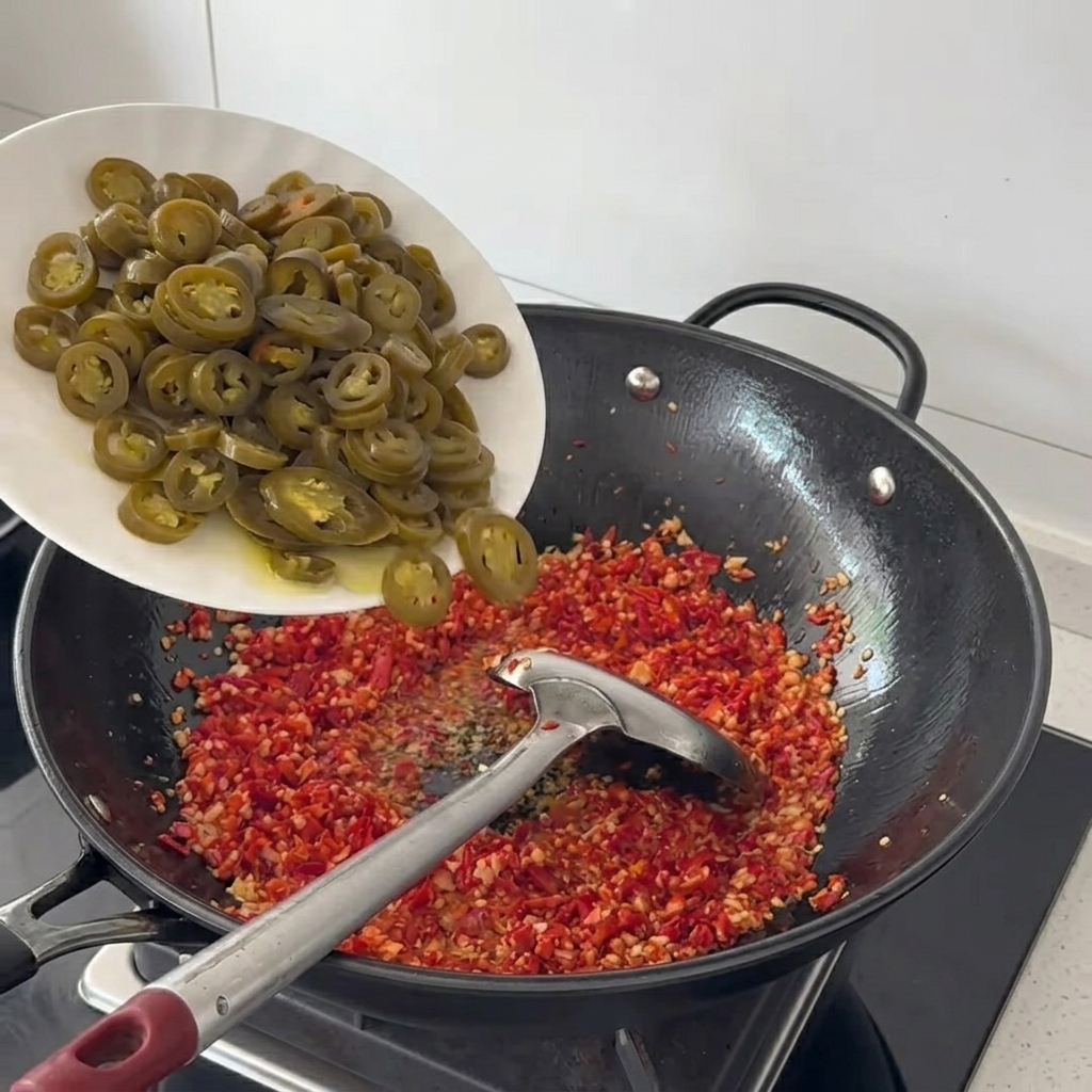 Tranches de jalapeño vert mariné ajoutées au mélange de piment sautant dans le wok.