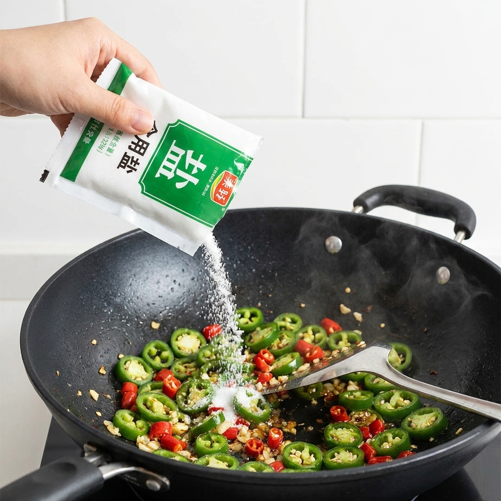 Sel saupoudré sur le mélange de piment et de jalapeño sautant dans le wok.