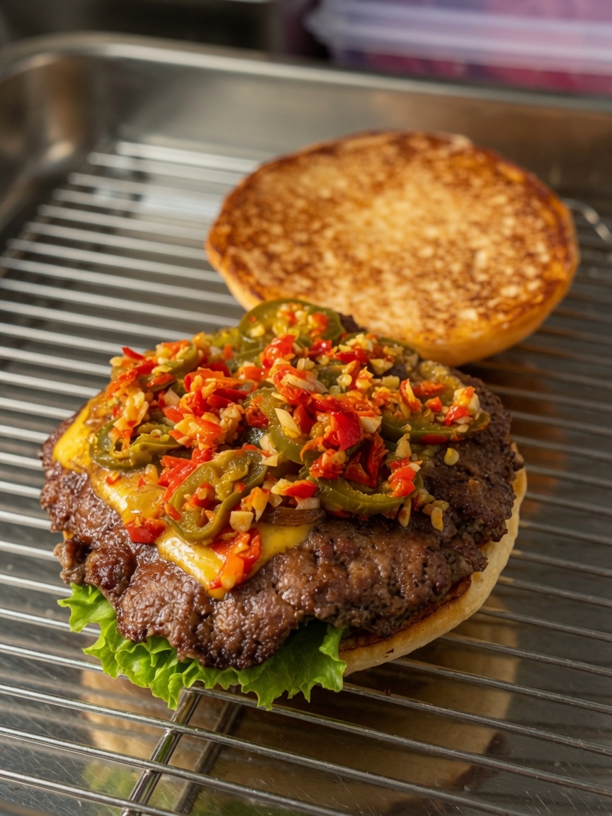 Un burger de bœuf gastronomique avec un steak juteux, du cheddar fondu et une poêlée vibrante de piments oiseaux épicés et de jalapeños marinés.