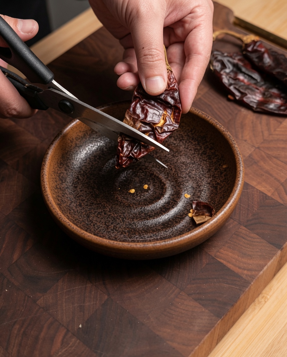 Gros plan sur des mains utilisant des ciseaux pour couper des piments Guajillo séchés au-dessus dun bol rustique.