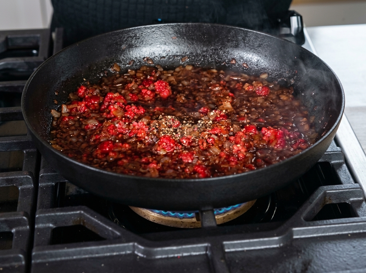 Bacon croustillant, framboises, oignons et café mijotant ensemble dans une poêle.